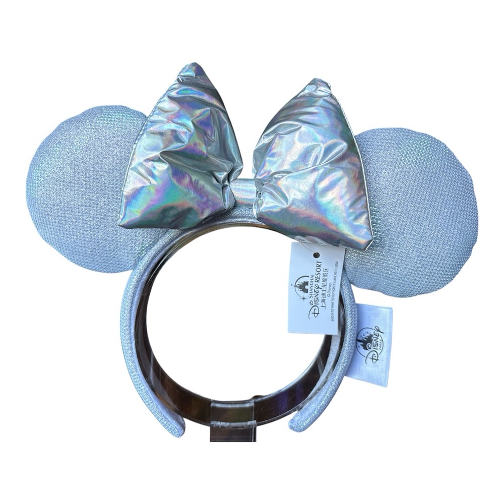 Disney Minnie Mouse Silvery textured Ears Headband Holographic Puff Bow NWT